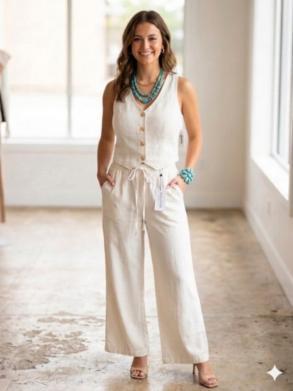 Casual Cream Wide-Leg pant and vest